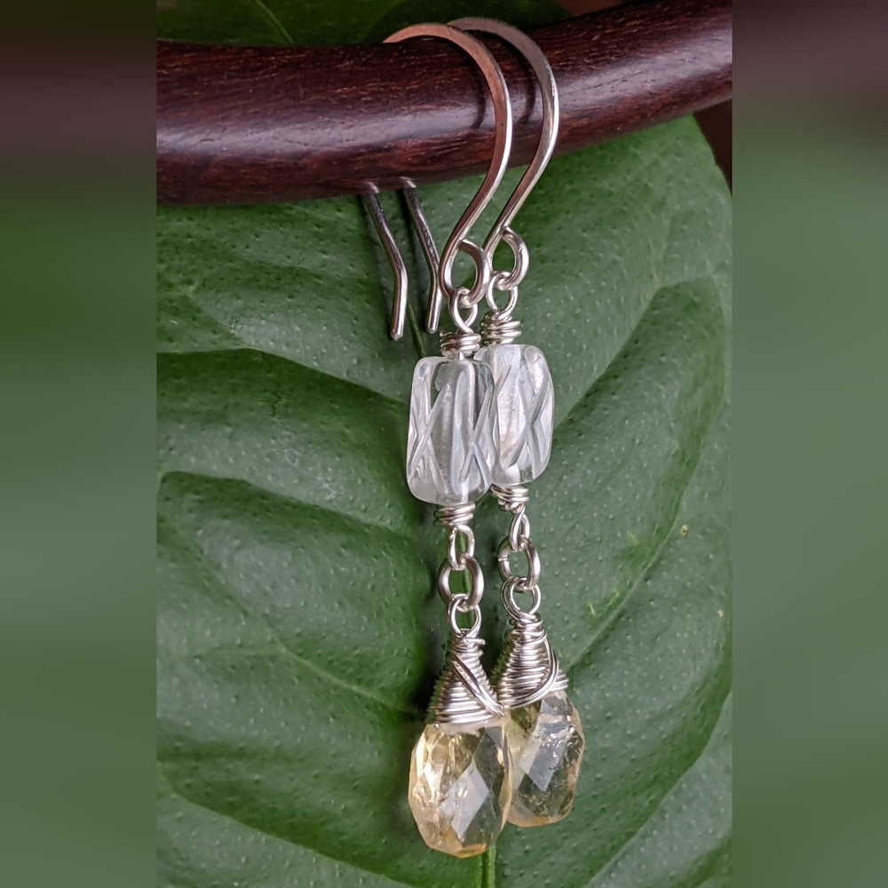 Sterling Silver Citrine Drop Earrings With Carved Clear Quartz Gems - Picture 9 of 13